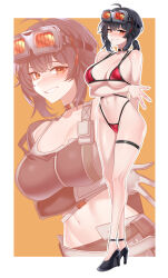  absurdres ahoge bare_shoulders bikini black_hair breasts cleavage dogs_(dlrkdejr26) female full_body goggles goggles_on_head grace_howard hair_between_eyes high_heels highres large_breasts looking_at_viewer navel orange_eyes solo swimsuit zenless_zone_zero 