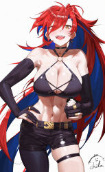  artist_name bare_shoulders belt belt_buckle black_belt black_choker black_gloves black_shorts blue_hair breasts buckle chilakkk chinese_commentary choker cleavage colored_inner_hair commentary_request contrapposto cowboy_shot crop_top earrings elbow_gloves eyes_visible_through_hair female floating_hair flying_sweatdrops gloves hair_over_one_eye hair_rings halterneck hand_on_own_hip highres holding jewelry large_breasts light_blush long_hair looking_at_viewer midriff multicolored_hair navel o-ring open_mouth original partially_fingerless_gloves pendant_choker red_hair sharp_teeth shorts simple_background single_leg_pantyhose skindentation smile solo standing teeth thigh_strap tongue two-tone_hair very_long_hair white_background yellow_eyes 