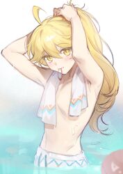  1boy absurdres aether_(genshin_impact) ahoge arms_up blonde_hair blush collarbone genshin_impact hair_between_eyes highres long_hair looking_at_viewer male_focus navel nekomi_0 ocean official_alternate_hairstyle ponytail shorts simple_background solo standing teeth topless topless_male towel towel_around_neck wet white_background white_shorts yellow_eyes 