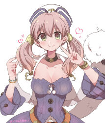  atelier_(series) atelier_shallie bracelet braid breasts capelet choker cleavage closed_mouth commentary_request dress escha_malier female green_eyes hands_up haruna_(citrus_love_i) hat heart highres jewelry long_hair looking_at_viewer medium_breasts pink_hair pom_pom_(clothes) purple_dress purple_hat simple_background smile solo tail twintails v white_background white_capelet 