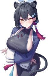  animal_ears black_hair blue_archive breasts china_dress chinese_clothes dress eyeliner female hair_ornament halo highres kaguya_(blue_archive) looking_at_viewer makeup metaljelly multicolored_hair orange_eyes purple_hair sideboob simple_background smile solo twintails two-tone_hair white_background 