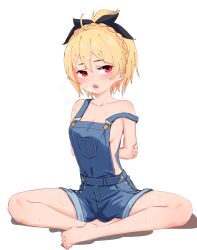  absurdres alternate_costume arms_behind_back babywipes barefoot black_bow blonde_hair blue_overalls blush bow braid breasts commentary commission english_commentary feet felt_(re:zero) female full_body hairbow heavy_breathing highres holding_own_arm looking_to_the_side naked_overalls open_mouth overalls re:zero_kara_hajimeru_isekai_seikatsu red_eyes rem_(re:zero) ribbon short_hair sideboob simple_background sitting small_breasts strap_slip suspenders sweat thighs toes white_background 