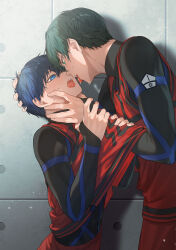  2boys absurdres black_shirt blue_eyes blue_hair blue_lock green_eyes green_hair highres isagi_yoichi itoshi_rin jersey long_sleeves male_focus multiple_boys open_mouth red_vest saliva saliva_swap saliva_trail shadow shirt short_hair soccer teeth tongue tongue_out turtleneck turtleneck_shirt udality upper_body vest yaoi 