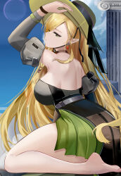  absurdres arknights arm_up backless_dress backless_outfit bare_back bare_legs bare_shoulders barefoot black_choker blonde_hair breasts chinese_commentary choker column commentary_request detached_sleeves dress dungeon_meshi female hat highres large_breasts long_hair marcille_donato marcille_donato_(terra_&amp;_traveller) mikuning pillar pointy_ears short_dress solo strapless strapless_dress thick_thighs thighs very_long_hair 