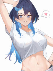  absurdres arm_up blue_eyes blue_hair breasts colored_inner_hair commentary crop_top female grin heart highres hololive large_breasts long_hair looking_at_viewer midriff multicolored_hair navel ouro_kronii simple_background smile solo spoken_heart stomach upper_body very_long_hair white_background zinkaa 