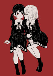  2girls arm_grab bad_id bad_pixiv_id bang_dream! collarbone facing_another futaba_tsukushi hair_between_eyes kurata_mashiro long_hair long_sleeves looking_at_another monochrome multiple_girls neckerchief no_shoes parted_lips pleated_skirt profile red_background red_eyes saiko_dagashi sailor_collar school_uniform serafuku shirt simple_background skirt smile socks tsukinomori_school_uniform twintails yuri 