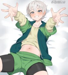  1boy artist_name bike_shorts bike_shorts_under_shorts blue_eyes blush commentary g1_(jjw00123) green_jacket green_shorts grey_hair grin jacket long_sleeves looking_at_viewer lying male_focus navel on_back on_bed outstretched_arms paid_reward_available shirt short_hair shorts smile solo stomach thighs totsuka_saika twitter_username yahari_ore_no_seishun_lovecome_wa_machigatteiru. yellow_shirt 