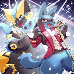  1:1 ambiguous_gender anthro atelier_rhyme band_style_zeraora better_version_at_source clothed clothing concert_style_lucario duo electric_guitar electronics generation_4_pokemon generation_7_pokemon guitar legendary_pokemon lights lucario microphone microphone_stand musical_instrument nintendo plucked_string_instrument pokemon pokemon_(species) pokemon_unite spikes spikes_(anatomy) string_instrument teeth zeraora 