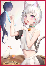  :o absurdres asumi_dori bell black_sleeves blue_ribbon blush bob_cut cat_girl collar colored_inner_hair commentary cowboy_shot cropped_shirt detached_hair diagonal_bangs female green_collar grey_hair hair_ornament hair_ribbon highres inverted_bob jingle_bell link!_like!_love_live! love_live! midriff multicolored_hair murano_sayaka navel neck_bell open_mouth pink_eyes pleated_skirt red_hair ribbon shirt short_hair short_sleeves single-shoulder_shirt skirt solo star_(symbol) star_hair_ornament streaked_hair stuffed_chicken virtual_youtuber white_shirt white_skirt yugiri_tsuzuri 