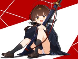  black_ribbon black_sailor_collar black_shirt black_skirt black_socks brown_footwear brown_hair commentary_request dot_nose female halo holding holding_sword holding_weapon katana legs light_blush long_hair long_sleeves looking_at_viewer mutsuse ohitome_kohane on_floor open_mouth panties pantyshot pleated_skirt project_kv red_halo ribbon sailor_collar school_uniform shirt shoes simple_background sitting skirt smile socks solo sword thighs twintails underwear weapon white_panties wide_sleeves yellow_eyes 