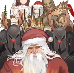  2girls 4boys 6+others :3 alternate_costume anger_vein antlers beard black_knight_(dark_souls) breasts brown_hair christmas christmas_tree_hat closed_eyes closed_mouth commentary cosplay crown dark_souls_(series) dark_souls_i dark_sun_gwyndolin deer_antlers dokomon dragon_slayer_ornstein executioner_smough facial_hair fake_antlers father_and_daughter father_and_son fur-trimmed_headwear fur_trim grey_hair gwyn_lord_of_sunlight hat head_out_of_frame helmet highres horns knight large_breasts long_hair moustache multiple_boys multiple_girls multiple_others old old_man pom_pom_(clothes) priscilla_the_crossbreed queen_of_sunlight_gwynevere red_hat red_nose rudolph_the_red_nosed_reindeer rudolph_the_red_nosed_reindeer_(cosplay) santa_costume santa_hat simple_background smile upper_body white_background 