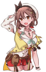  :d arm_behind_head arm_up atelier_(series) atelier_ryza atelier_ryza_2 belt belt_pouch beret breasts brown_belt brown_eyes brown_hair cleavage collared_shirt commentary_request cowboy_shot cropped_legs detached_sleeves female hair_ornament hairclip haruna_(citrus_love_i) hat highres jacket jewelry key key_necklace large_breasts looking_at_viewer necklace open_clothes open_jacket open_mouth pouch red_shorts reisalin_stout shirt short_hair short_shorts shorts smile solo standing white_background white_hat white_shirt yellow_jacket 