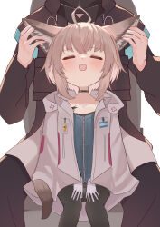  1other :d absurdres ahoge animal_ears arknights arms_up black_jacket black_pantyhose blue_jacket blush brown_hair brown_tail closed_eyes collarbone commentary_request cross doctor_(arknights) female gloves greek_cross grey_jacket hands_on_another&#039;s_ears hands_on_own_thighs highres jacket long_sleeves material_growth open_clothes open_jacket open_mouth oripathy_lesion_(arknights) pantyhose petting rubbing_ears short_hair sitting smile sussurro_(arknights) suzubotan tail variant_set white_gloves zipper zipper_pull_tab 