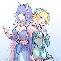  2girls :d alonemistrist armor blonde_hair blue_dress blue_eyes blue_hair breasts cleavage closed_mouth commentary dress fire_emblem fire_emblem_heroes fjorm_(fire_emblem) fjorm_(ice_tribe)_(fire_emblem) highres long_sleeves looking_at_another multiple_girls nifl_(fire_emblem) nifl_(ice_tribe)_(fire_emblem) official_alternate_costume open_mouth short_hair shoulder_armor smile symbol-only_commentary 