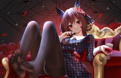  absurdres animal_ears black_pantyhose braided_hair_rings brown_hair dress ear_covers female gentildonna_(umamusume) hair_ornament hair_rings heart-shaped_ornament heart_ear_ornament highres horse_ears horse_girl knees_up long_hair long_sleeves looking_at_viewer miraclemeteor no_shoes pantyhose print_dress purple_dress soles solo thighband_pantyhose umamusume 