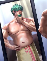  1boy bara beard big_belly carless_(ppanic) commission english_commentary facial_hair fat fire_emblem fire_emblem:_the_blazing_blade full-length_mirror green_hair hair_over_eyes hand_on_own_chin hand_on_own_hip highres indoors large_pectorals looking_at_mirror lowen_(fire_emblem) male_focus mirror naked_towel navel nipples pectorals short_hair solo stomach topless_male towel wet wet_hair 