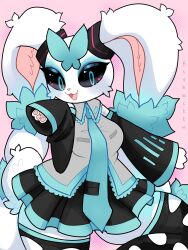  3:4 absurd_res anthro arm_warmers armwear black_sclera blue_eyes bottomwear breasts clothed clothing dress eyshadow female fishkittn fluffy fur generation_6_pokemon hatsune_miku heart_nose heart_symbol hi_res lagomorph legwear long_ears looking_at_viewer mammal mega_evolution mega_lopunny necktie nintendo open_mouth pawpads paws pokemon pokemon_(species) skirt smile solo tail thick_thighs topwear torn_clothing torn_legwear tuft vocaloid white_body white_fur 