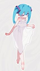  banananosongen bare_shoulders barefoot blue_eyes blush_stickers commentary_request dress female flat_chest full_body hatsune_miku highres long_hair looking_at_viewer one_eye_closed see-through_silhouette solo twintails vocaloid white_dress 