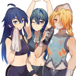  3girls ahoge arms_up black_pants blonde_hair blue_eyes blue_shirt braid byleth_(female)_(fire_emblem) byleth_(fire_emblem) collarbone eyelashes fire_emblem fire_emblem:_three_houses gloves hair_between_eyes holding holding_towel long_hair looking_at_viewer lucina_(fire_emblem) midriff multiple_girls navel one_eye_closed pants parted_lips purple_eyes sheik shirt simple_background smile super_smash_bros. the_legend_of_zelda the_legend_of_zelda:_ocarina_of_time toned_female towel white_background white_gloves white_mask yasaikakiage 