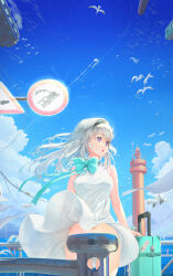  artist_name bare_shoulders bird blue_sky bow cloud convenient_censoring dress female firefly_(honkai:_star_rail) grey_hair hair_intakes hairband highres honkai:_star_rail honkai_(series) long_hair navel ocean purple_eyes rolling_suitcase scarf scarf_bow seagull sign sky sleeveless sleeveless_dress soramiruku suitcase white_dress wind wind_lift 