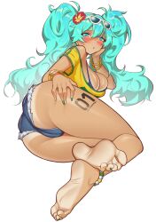  absurdres alternate_breast_size anklet aqua_eyes aqua_hair ass bare_legs barefoot bead_anklet blue_shorts blush bracelet brazilian_miku breasts cleavage cutoffs dark-skinned_female dark_skin eyewear_on_head feet female fingernails flower foot_focus foreshortening from_side full_body green_nails hair_between_eyes hair_flower hair_ornament hand_on_own_chest haruse_(kichiroharuse) hatsune_miku highres jewelry large_breasts legs light-skinned_soles long_hair looking_at_viewer micro_shorts multicolored_nails multiple_bracelets nail_polish rectangular_earrings shirt short_shorts short_sleeves shorts sidelocks simple_background soles solo sunglasses tan tanline_peek tanlines thighs toenail_polish toenails toes twintails vocaloid white-framed_eyewear white_background yellow_nails yellow_shirt 