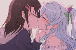  2girls bang_dream! blue_hair blue_hoodie blush brown_hair closed_eyes grey_background hair_ornament hairclip hand_on_another&#039;s_neck hood hoodie kissing long_hair long_sleeves matsubara_kanon multiple_girls off-shoulder_shirt off_shoulder okusawa_misaki opi shirt simple_background sweatdrop tears trembling white_shirt yuri 