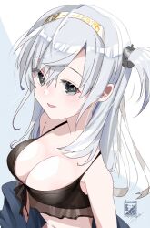  bikini black_bikini breasts cleavage clothes_writing female grey_eyes grey_hair headband kantai_collection kimura_shiki large_breasts long_hair one-hour_drawing_challenge one_side_up solo suzutsuki_(kancolle) suzutsuki_(swimsuit_mode)_(kancolle) swimsuit upper_body white_background white_headband 