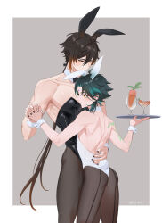  2boys abs absurdres animal_ears aqua_hair arm_tattoo back black_hair black_leotard black_nails brown_hair brown_pantyhose carrot earrings facial_mark fake_animal_ears fake_tail forehead_mark genshin_impact glass gradient_hair hair_between_eyes highres holding holding_plate jewelry leotard lji_321 male_focus multicolored_hair multiple_boys muscular muscular_male navel nipples otoko_no_ko pantyhose plate playboy_bunny ponytail rabbit_ears rabbit_tail single_earring stomach tail tattoo white_leotard xiao_(genshin_impact) yaoi yellow_eyes zhongli_(genshin_impact) 