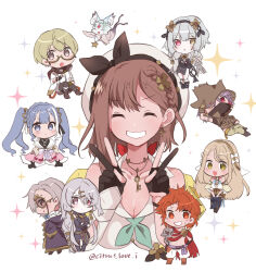  ^_^ atelier_(series) atelier_ryza atelier_ryza_2 black_gloves blonde_hair blue_eyes braid breasts brown_eyes brown_hair chibi cleavage clifford_diswell closed_eyes closed_mouth collared_shirt crossed_bangs double_v empel_vollmer everyone facing_viewer fi_(atelier) glasses gloves green_eyes grey_hair hair_between_eyes hair_ornament hairband hairclip haruna_(citrus_love_i) hat heterochromia highres jewelry key key_necklace klaudia_valentz large_breasts lent_marslink lila_decyrus long_hair long_sleeves looking_at_viewer low_twintails monocle necklace open_mouth pale_skin partially_fingerless_gloves patricia_abelheim profile red_eyes red_hair reisalin_stout serri_glaus shirt short_hair smile solo_focus sparkle star_(symbol) star_necklace tao_mongarten twintails v very_long_hair white_shirt yellow_eyes 