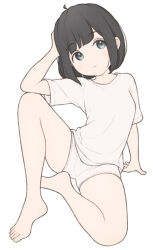  1ssakawaguchi absurdres ahoge arm_support bare_legs barefoot black_hair closed_mouth feet female flat_chest grey_eyes hand_on_own_head head_tilt highres ichika_(1ssakawaguchi) knee_up light_blush looking_to_the_side original petite shirt short_sleeves shorts simple_background sitting solo thighs toes white_background white_shirt white_shorts 