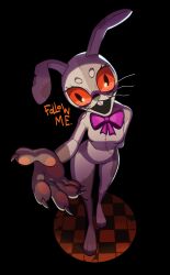  2023 5_fingers absurd_res amiokay anthro bow_(feature) breasts buckteeth checkered checkered_floor circle_eyebrows claws dead_eyes dialogue digital_drawing_(artwork) digital_media_(artwork) english_text eyebrows female female_anthro finger_claws fingers five_nights_at_freddy&#039;s full-length_portrait hand_behind_back hi_res lagomorph leporid long_ears mammal open_mouth open_smile portrait rabbit reaching_towards_viewer red_sclera scottgames seam_(sewing) simple_background smile solo stitch_(sewing) teeth text vanny_(fnaf) whiskers 