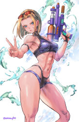  abs artist_name bare_shoulders bikini blonde_hair blue_eyes breasts cammy_white closed_mouth commentary_request eyewear_on_head female fingernails highres holding holding_water_gun lips looking_at_viewer medium_breasts mitsu_plus muscular muscular_female navel scar scar_on_cheek scar_on_face shiny_skin short_hair signature simple_background solo stomach street_fighter street_fighter_6 sunglasses swimsuit thighs v water_gun 