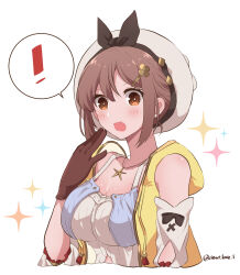  ! absurdres atelier_(series) atelier_ryza atelier_ryza_1 beret blush breasts brown_eyes brown_gloves brown_hair cleavage commentary_request female gloves hair_ornament hairclip hand_up haruna_(citrus_love_i) hat highres jacket jewelry large_breasts looking_at_viewer necklace open_mouth reisalin_stout short_hair solo sparkle speech_bubble spoken_exclamation_mark star_(symbol) star_necklace upper_body white_hat yellow_jacket 