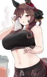  :o animal_ears bare_arms black_shorts black_sports_bra blush breasts commentary_request ear_ornament enumiyaa female gentildonna_(umamusume) hair_rings heart_ear_ornament highres horse_ears horse_girl large_breasts long_hair looking_at_viewer midriff navel open_mouth red_eyes shorts sidelocks simple_background solo sports_bra stomach sweat towel_on_face umamusume white_background white_towel wiping_sweat 