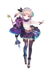  atelier_(series) atelier_lydie_&amp;_suelle boots bow detached_sleeves female fingerless_gloves full_body gloves hair_ornament hat highres long_hair lydie_malen multicolored_hair official_art pink_eyes pink_hair ponytail potion purple_hair sideless_outfit simple_background single_detached_sleeve solo staff thighhighs two-tone_hair white_background yuugen 