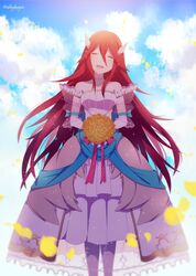  ^_^ alternate_costume bad_id bad_twitter_id bare_shoulders blue_ribbon blush bouquet breasts bride bride_(fire_emblem) closed_eyes cloud collarbone commentary_request cordelia_(bridal)_(fire_emblem) cordelia_(fire_emblem) crml_orng day dress facing_viewer feet_out_of_frame female fire_emblem fire_emblem_awakening fire_emblem_heroes flower hair_between_eyes hair_ornament highres holding holding_bouquet jewelry layered_dress long_hair medium_breasts necklace open_mouth pearl_necklace petals purple_legwear red_hair ribbon rose see-through see-through_sleeves sky smile solo standing twitter_username very_long_hair wedding_dress white_dress yellow_flower yellow_rose 