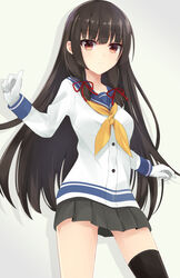  asymmetrical_legwear black_hair commentary_request cowboy_shot female gloves hair_ribbon huuyu_1z isokaze_(kancolle) kantai_collection light_frown long_hair long_sleeves looking_at_viewer pleated_skirt red_eyes ribbon school_uniform serafuku skirt solo tress_ribbon uneven_legwear white_gloves 