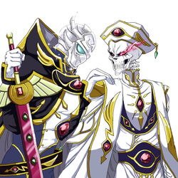  2boys ainz_ooal_gown armor black_sclera code_geass colored_sclera commentary_request cosplay defeat gloves hand_on_another&#039;s_shoulder hat holding holding_sword holding_weapon kururugi_suzaku kururugi_suzaku_(cosplay) lelouch_vi_britannia lelouch_vi_britannia_(cosplay) multiple_boys nekomaestra9 overlord_(maruyama) red_eyes simple_background skeleton sparkle stole sword touch_me weapon white_background 