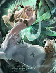  2017 arm_warmers armor armwear art_nouveau bikini bikini_top blonde_hair bottomless bow_(weapon) bracers breasts centaur chinese_zodiac clothed clothing crown detached_sleeves detailed_background equid equid_taur european_mythology female forest fur greek_mythology green_eyes hair headgear hi_res holding_object holding_weapon humanoid_taur insect_wings jungle mammal mammal_taur mythology navel on_hind_legs open_mouth outside plant raised_arm ranged_weapon sakimichan skimpy solo spread_wings swimwear tattoo taur tiara tree vines weapon white_body white_fur wings year_of_the_horse 