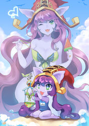  :3 bikini breasts cleavage cloud colored_skin commentary_request dakun day dual_persona female food green_eyes heart heart_print large_breasts league_of_legends long_hair lulu_(league_of_legends) oerba_yun_fang one_eye_closed open_mouth petite photoshop_(medium) pointy_ears popsicle purple_hair purple_skin side-tie_bikini_bottom smile swimsuit twintails very_long_hair watermelon_bar yordle 