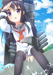  akatsuki_(kancolle) black_hair black_thighhighs blue_sky cloud commentary_request crab day female flat_cap hand_on_forehead hat kantai_collection long_hair mountain open_mouth photoshop_(medium) purple_eyes school_uniform sekine_irie serafuku sitting skirt sky smile solo thighhighs water 