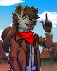  2015 anthro blue_eyes brown_hair cape clothed clothing coat cowboy cowboy_hat dessert food fur gesture hair hand_gesture hat headgear headwear hyena looking_at_viewer male mammal mayobug open_mouth raised_finger raised_index_finger scarf shirt solo spotted_hyena topwear vest western young 