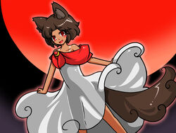  alternate_hair_length alternate_hairstyle animal_ears bare_shoulders brown_hair capelet collarbone commentary_request dark-skinned_female dark_skin dress edowan fangs female flat_chest full_moon imaizumi_kagerou moon open_mouth photoshop_(medium) red_eyes see-through_silhouette solo sundress tail tan touhou white_dress wolf_ears wolf_tail 