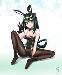  :&gt; absurdres animal_ears asui_tsuyu black_eyes black_pantyhose boku_no_hero_academia commentary_request commission female full_body gloves hair_rings highres jewelry long_hair long_tongue looking_at_viewer low-tied_long_hair pantyhose playboy_bunny rabbit_ears simple_background smile solo teddyellow tongue tongue_out 