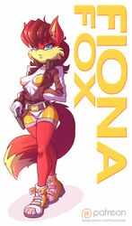  2017 anthro archie_comics belt blue_eyes breasts canid canine character_name clothed clothing female fiona_fox footwear fox fur hair hand_in_pocket holster jacket looking_at_viewer mammal nipple_outline patreon patreon_logo pockets red_body red_fur red_hair sallyhot sega shoes simple_background solo sonic_the_hedgehog_(archie) sonic_the_hedgehog_(comics) sonic_the_hedgehog_(series) tail teamacorn text tight_clothing topwear url 