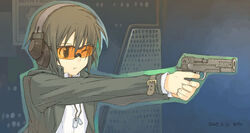  androgynous artist_request date dogtag female gun head_phones kino kino_no_tabi safety_goggles short_hair solo tagme taking_aim weapon 