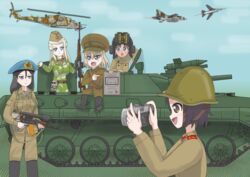  absurdres aircraft airplane ak-74 alina_(girls_und_panzer) assault_rifle bmp-1 camera clara_(girls_und_panzer) commentary_request dragunov_svd fighter_jet girls_und_panzer gun helicopter highres ideshin jet kalashnikov_rifle katyusha_(girls_und_panzer) mi-24 mig-23 military military_uniform military_vehicle motor_vehicle nina_(girls_und_panzer) nonna_(girls_und_panzer) rifle sniper_rifle soviet tank uniform vdv vehicle_focus weapon 