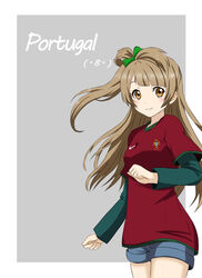  2014_fifa_world_cup bad_id bad_pixiv_id blush bow brown_eyes brown_hair casual cowboy_shot female hairbow long_hair long_sleeves love_live! love_live!_school_idol_project minami_kotori one_side_up photoshop_(medium) portugal shorts smile soccer_uniform solo sportswear world_cup zuihou_(hechen121) 