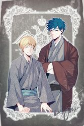  2boys acca_13-ku_kansatsu-ka bad_id bad_pixiv_id blonde_hair blue_eyes blue_hair crest crossed_arms crown delight_hsia highres japanese_clothes jean_otus kimono looking_at_viewer male_focus multiple_boys niino_(acca) wave_print wide_sleeves 