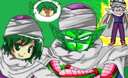  1boy 2girls antennae aura blush bow cape colored_skin commentary_request cosplay crossed_arms crossover dragon_ball dragon_ball_z green_eyes green_hair green_skin grey_hair hat konpaku_youmu male_focus multiple_girls open_mouth piccolo piccolo_(cosplay) pointy_ears ribbon rimongri short_hair smile sweat sweatdrop touhou wriggle_nightbug 